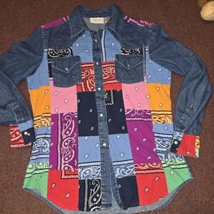 Vintage Lemon Grass Denim Patchwork Shirt Bandana-style Top Large Excellent Cond